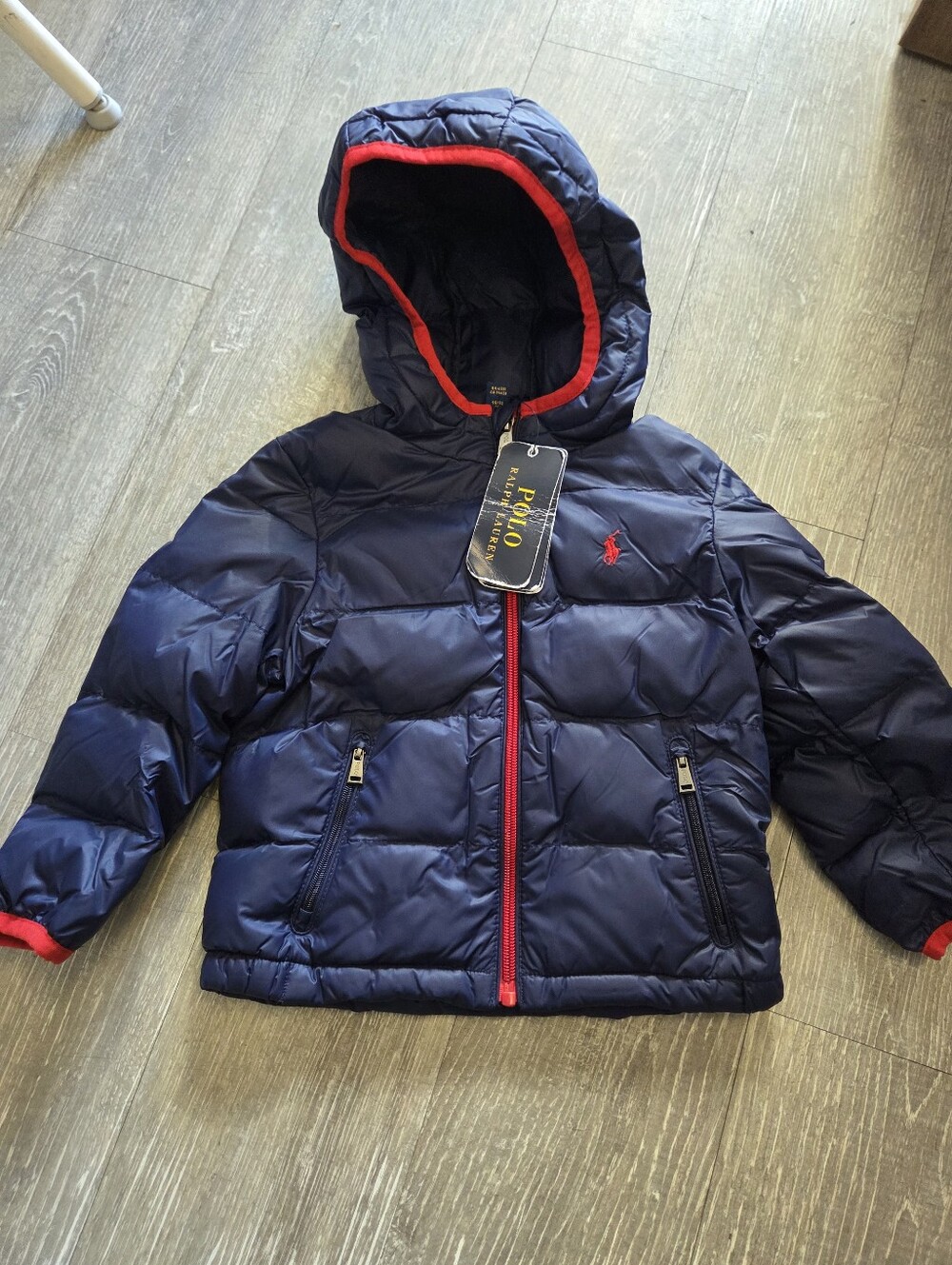 Ralph Lauren Navy Puffer Jacket with Red Trim,Packable Down Jacket, Size 2T. NWT